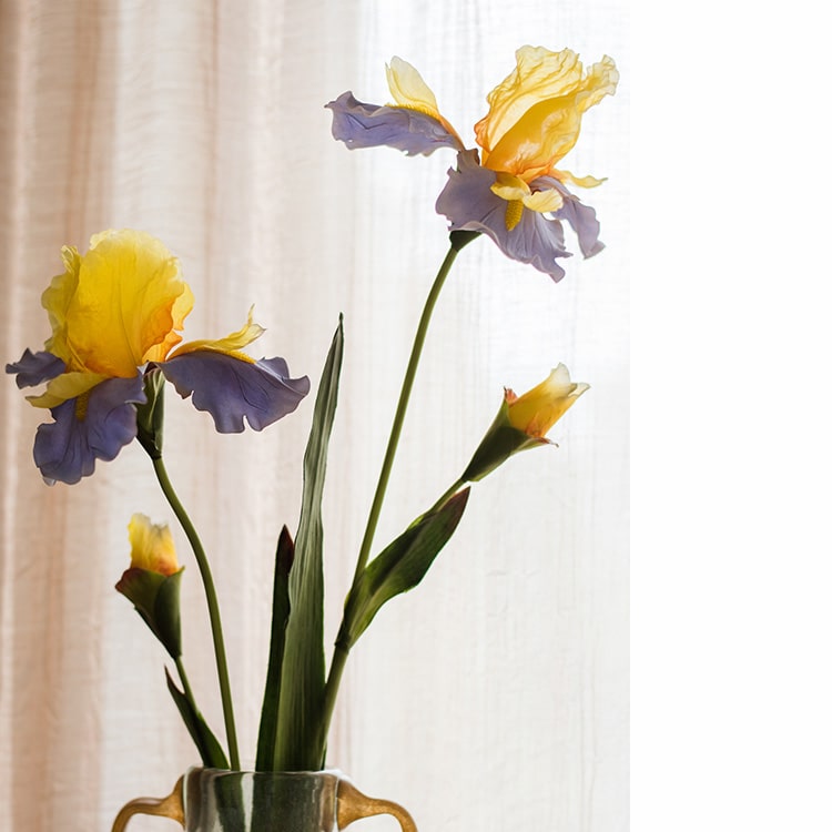 A tall 31.5-inch faux artificial iris flower stem in vibrant pastel colors, showcasing delicate silk petals and a sturdy plastic stem.