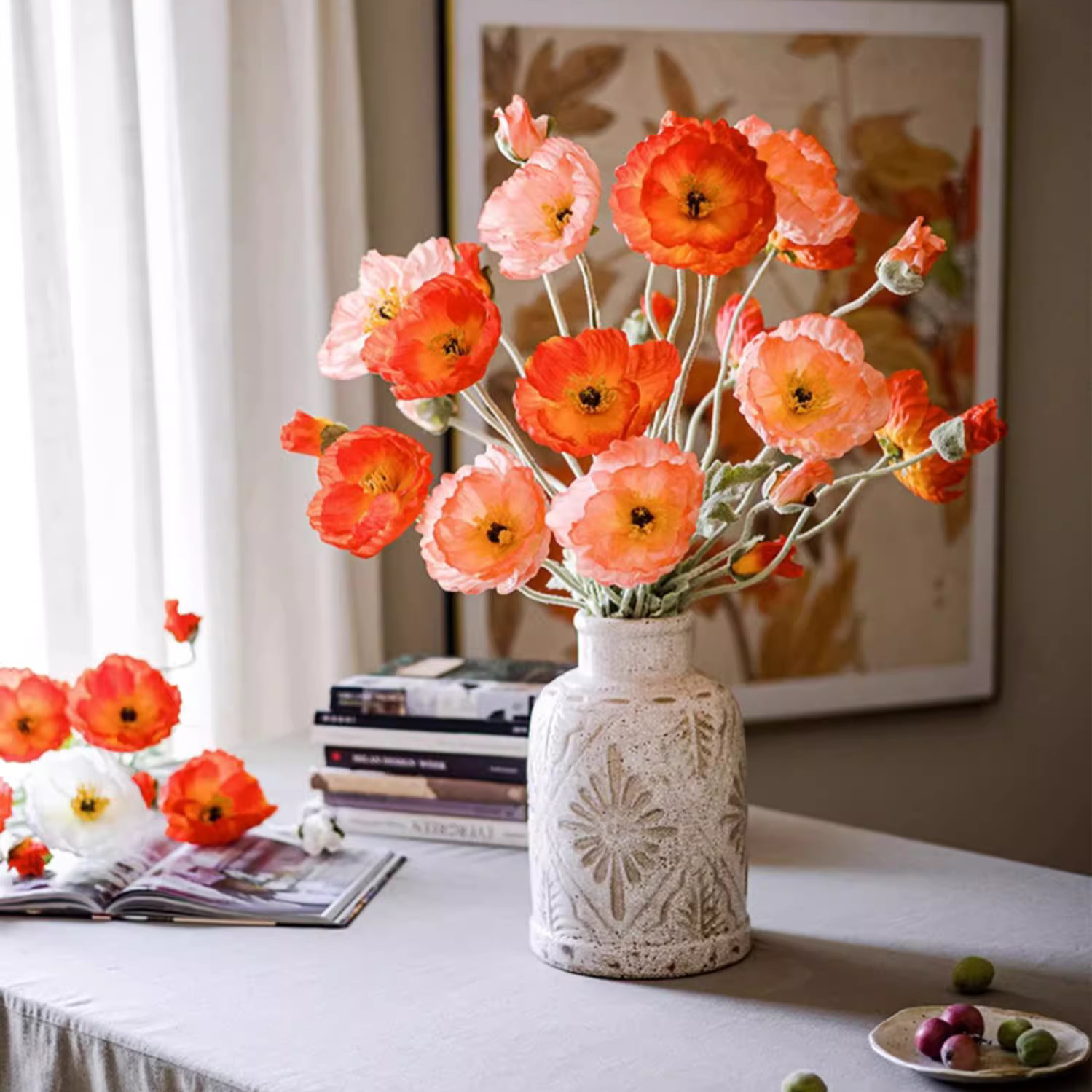 A tall 41-inch faux silk poppy flower stem in vibrant pink, red, and white colors with lush green leaves, perfect for home decor.