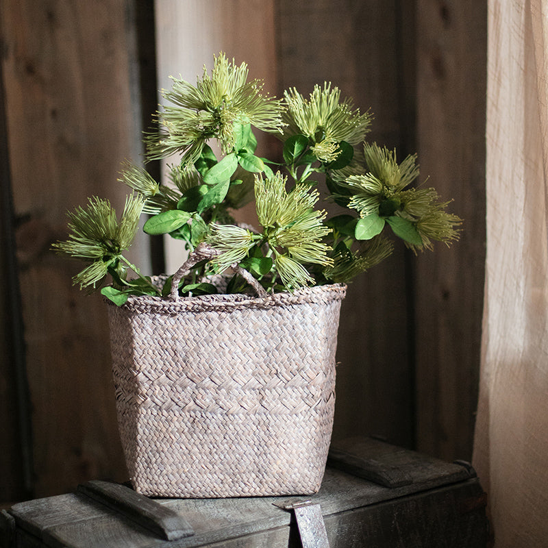 A 25-inch tall Faux Silk Artificial Albizia Flower Stem with three vibrant blooms and a green stem, perfect for home decor.