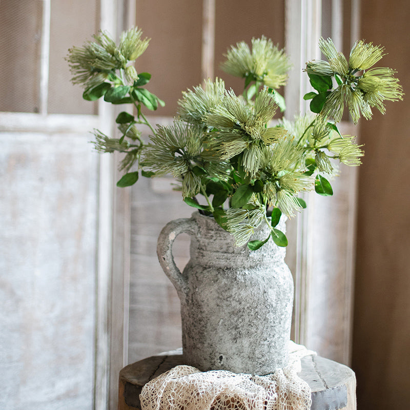 A 25-inch tall Faux Silk Artificial Albizia Flower Stem with three vibrant blooms and a green stem, perfect for home decor.