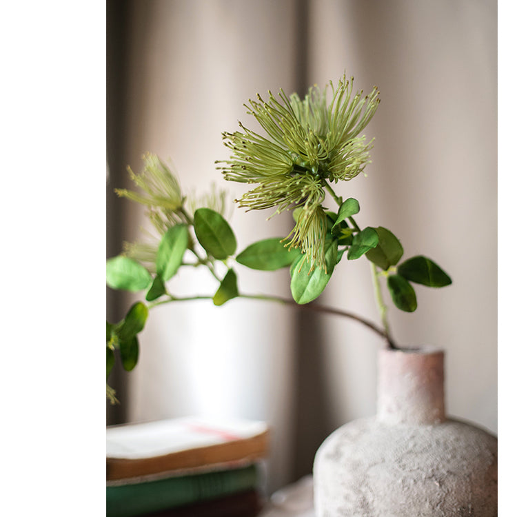 A 25-inch tall Faux Silk Artificial Albizia Flower Stem with three vibrant blooms and a green stem, perfect for home decor.