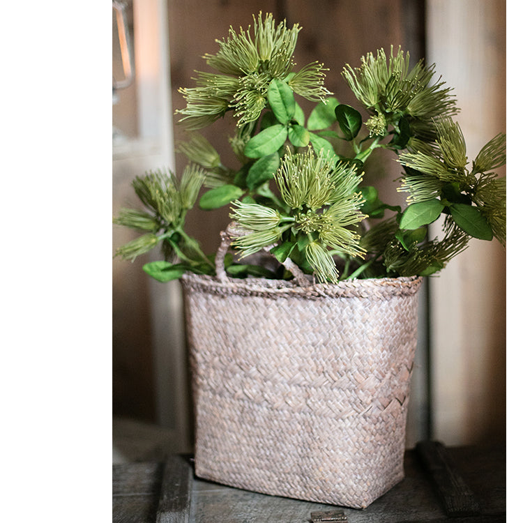 A 25-inch tall Faux Silk Artificial Albizia Flower Stem with three vibrant blooms and a green stem, perfect for home decor.