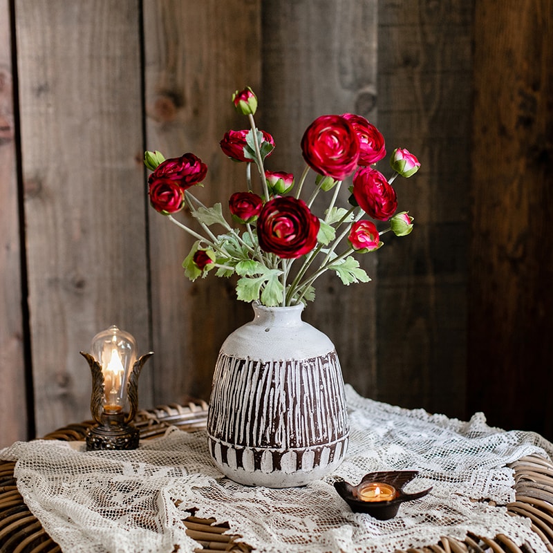 Faux Silk Artificial Buttercup Flower Bundle in Red Burgundy, featuring nine blooms and green leaves, perfect for home decor.