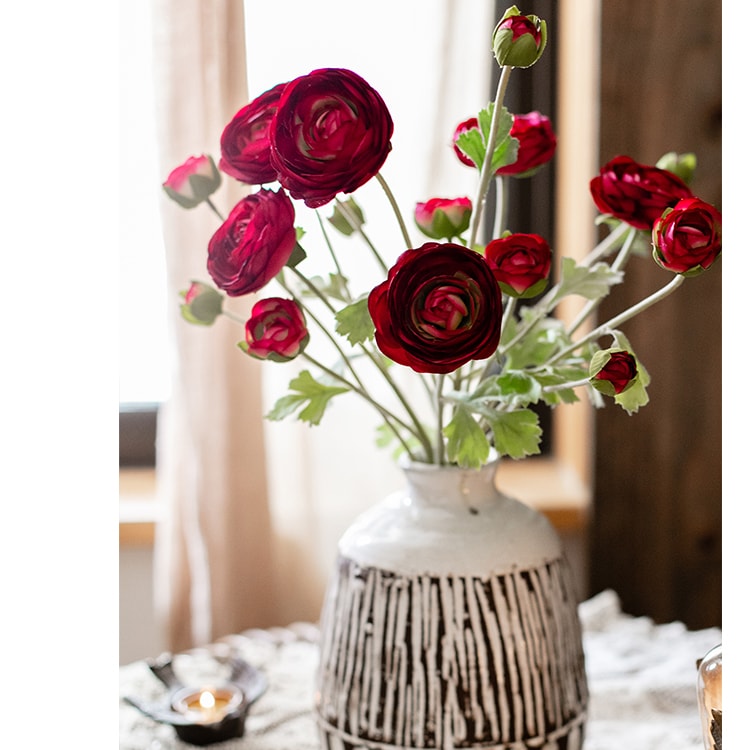 Faux Silk Artificial Buttercup Flower Bundle in Red Burgundy, featuring nine blooms and green leaves, perfect for home decor.