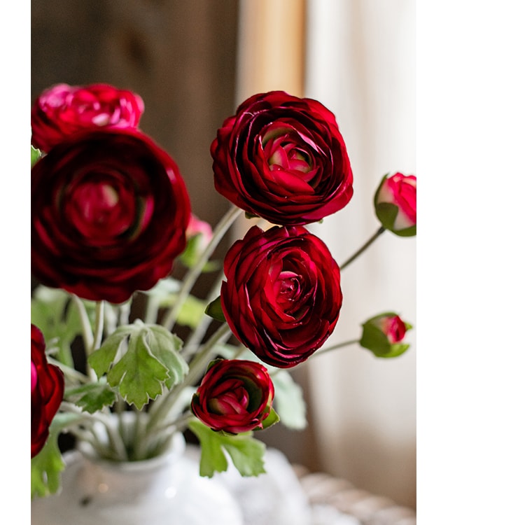 Faux Silk Artificial Buttercup Flower Bundle in Red Burgundy, featuring nine blooms and green leaves, perfect for home decor.