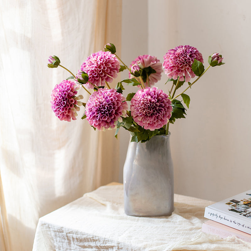 Faux Silk Artificial Dahlia Flower Stem in rose pink, 29 inches tall with one bloom and one bud, perfect for home decor.