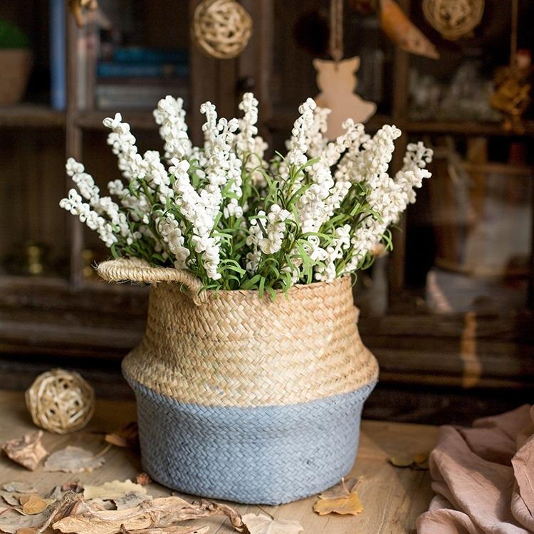 Faux Silk Artificial Lavender Eco PE Stem in White, 18 inches tall, featuring delicate white flowers and lush green leaves, perfect for home decor.