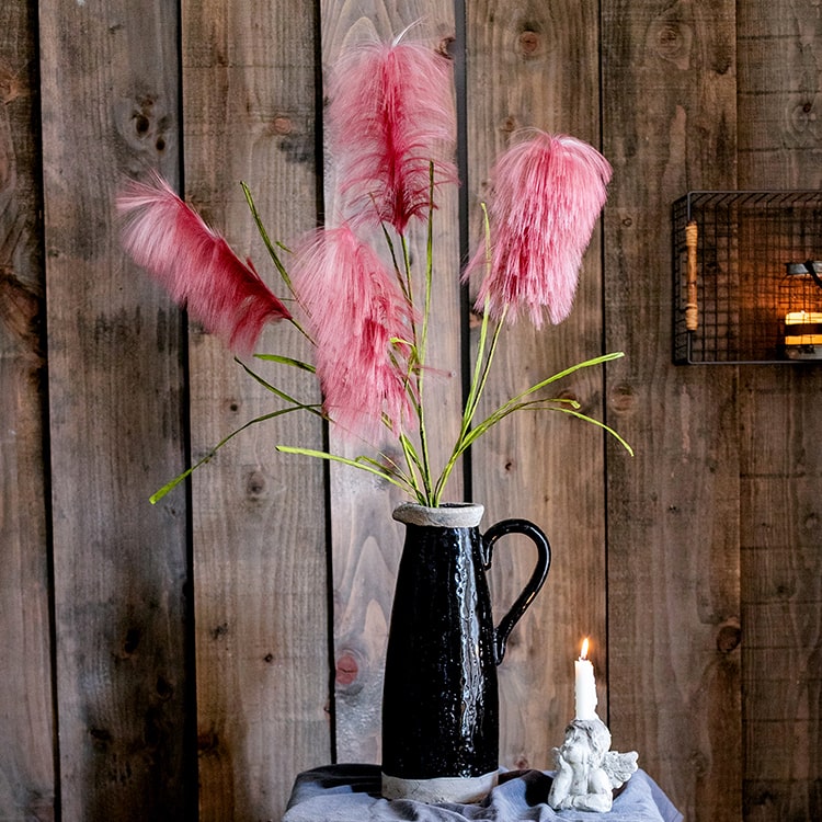 Faux Silk Artificial Pink Reed Grass Stem, 45 inches tall, featuring vibrant pink flowers and green stems, perfect for home decor.