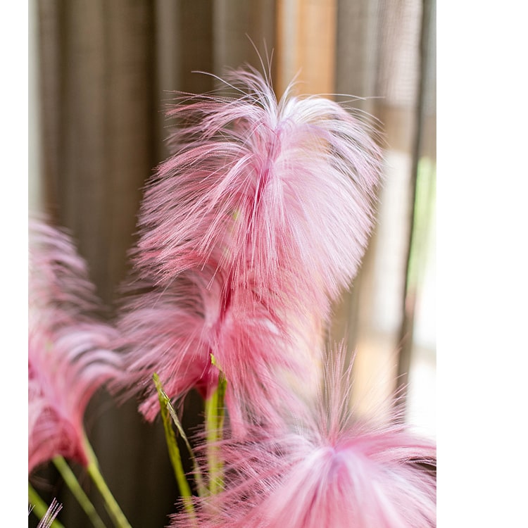 Faux Silk Artificial Pink Reed Grass Stem, 45 inches tall, featuring vibrant pink flowers and green stems, perfect for home decor.