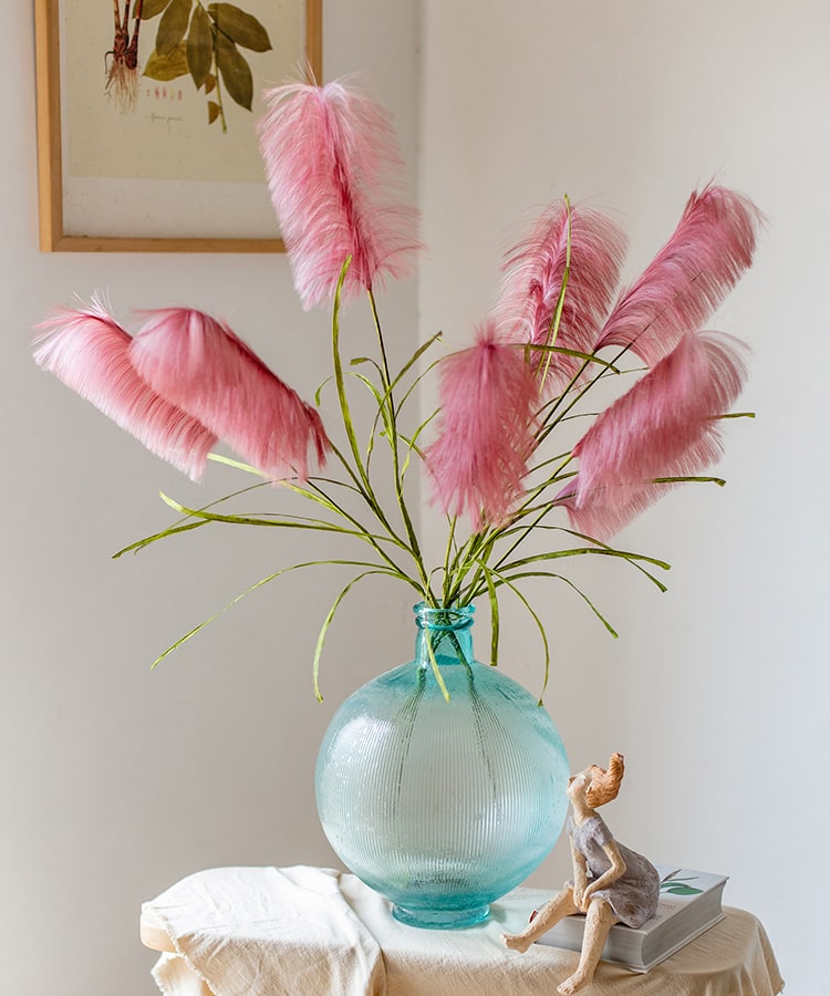 Faux Silk Artificial Pink Reed Grass Stem, 45 inches tall, featuring vibrant pink flowers and green stems, perfect for home decor.