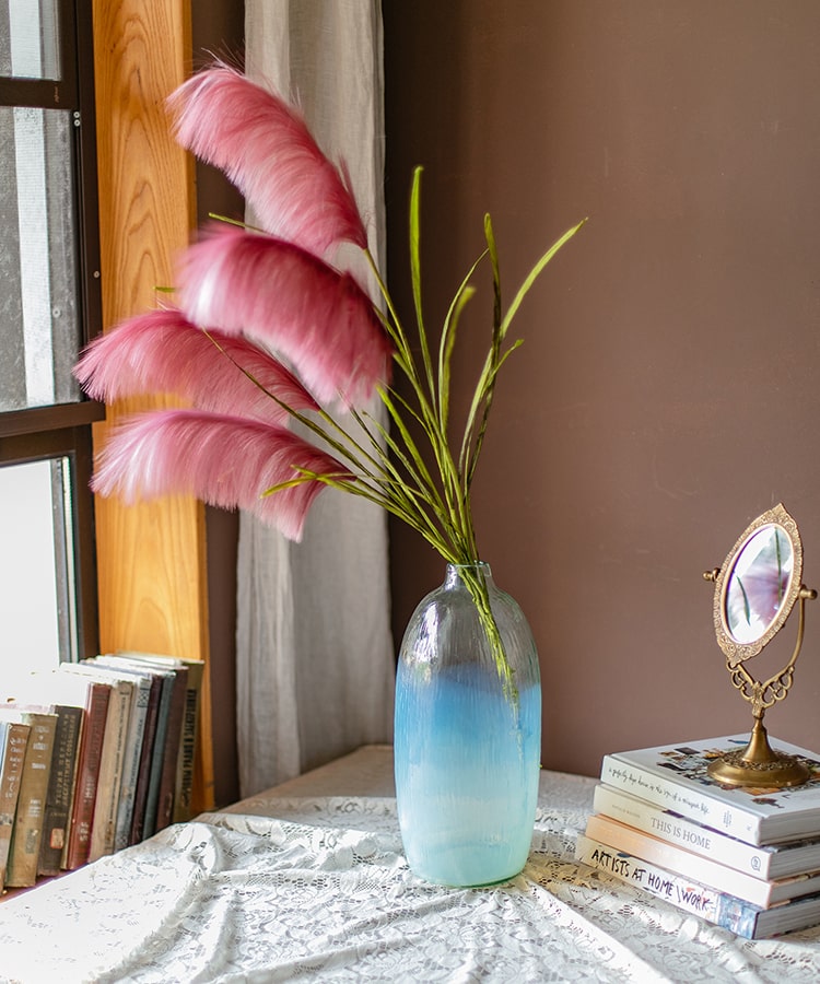 Faux Silk Artificial Pink Reed Grass Stem, 45 inches tall, featuring vibrant pink flowers and green stems, perfect for home decor.