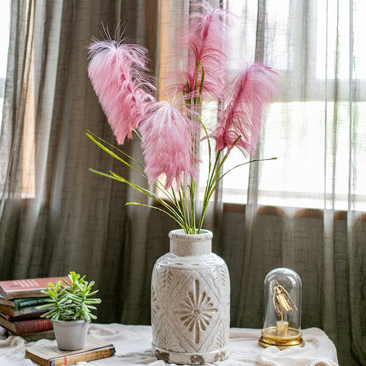 Faux Silk Artificial Pink Reed Grass Stem, 45 inches tall, featuring vibrant pink flowers and green stems, perfect for home decor.