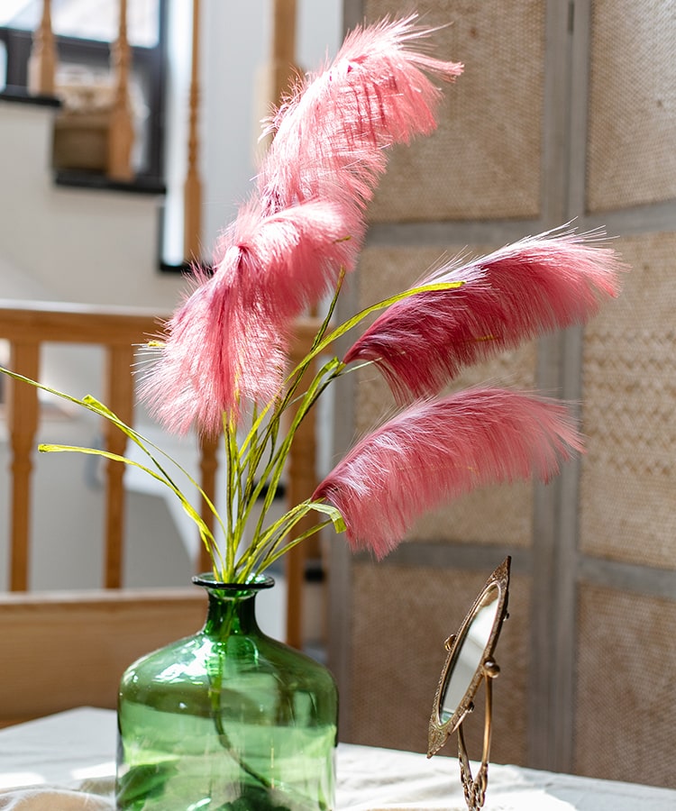 Faux Silk Artificial Pink Reed Grass Stem, 45 inches tall, featuring vibrant pink flowers and green stems, perfect for home decor.