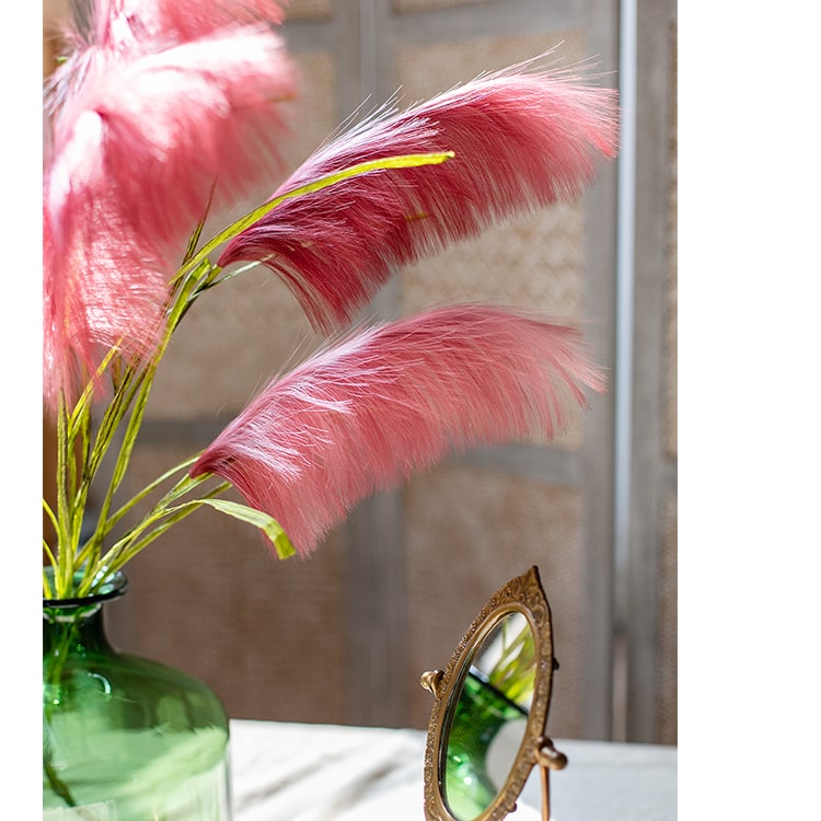 Faux Silk Artificial Pink Reed Grass Stem, 45 inches tall, featuring vibrant pink flowers and green stems, perfect for home decor.