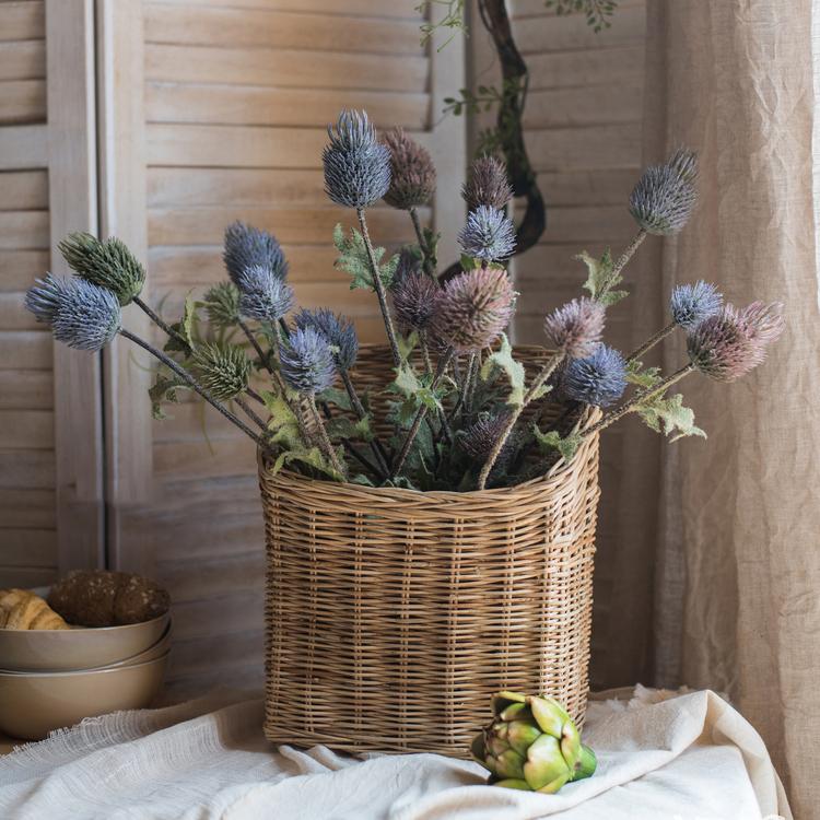 A 26-inch tall faux silk artificial thistle flower stem with three blooms in blue, green, and red, showcasing realistic petals and elegant design.