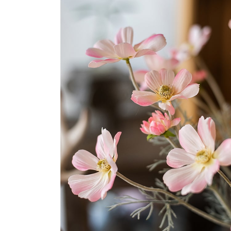 A 24-inch tall Faux Silk Cosmos Stem in Light Pink, showcasing delicate petals and a realistic design, perfect for home decor.