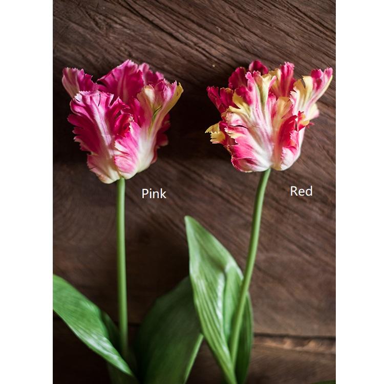 A vibrant 24-inch tall faux silk Flame Tulip stem featuring pink and red petals with green leaves, ideal for home decor.