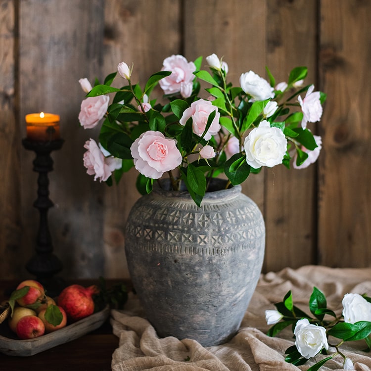 22-inch tall Faux Silk Gardenia Flower Stem with pink and white blooms and green leaves, perfect for home decor.