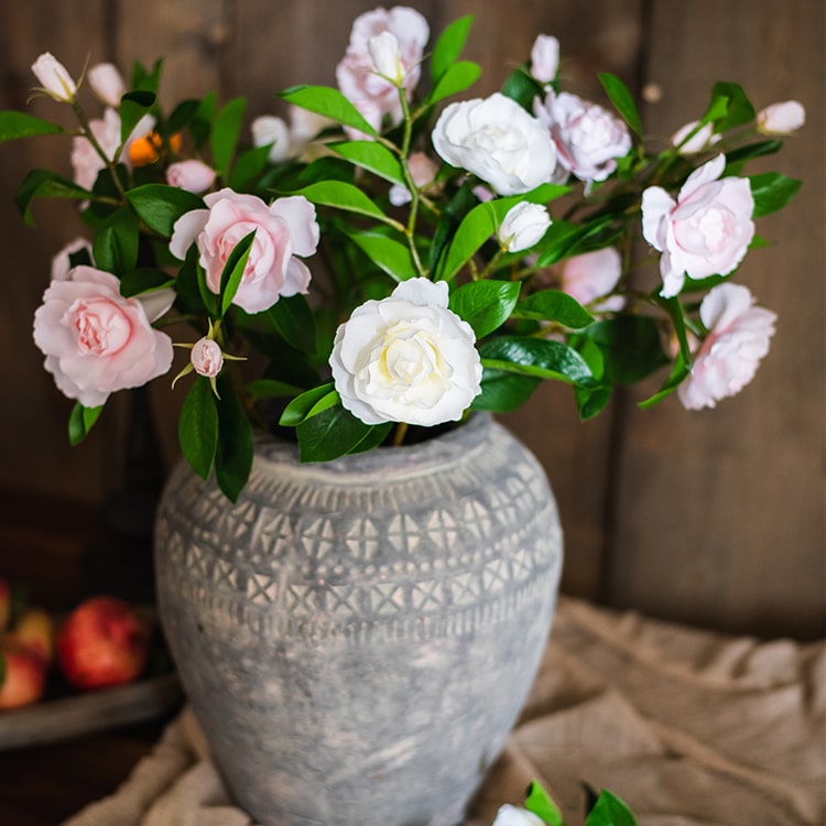 22-inch tall Faux Silk Gardenia Flower Stem with pink and white blooms and green leaves, perfect for home decor.