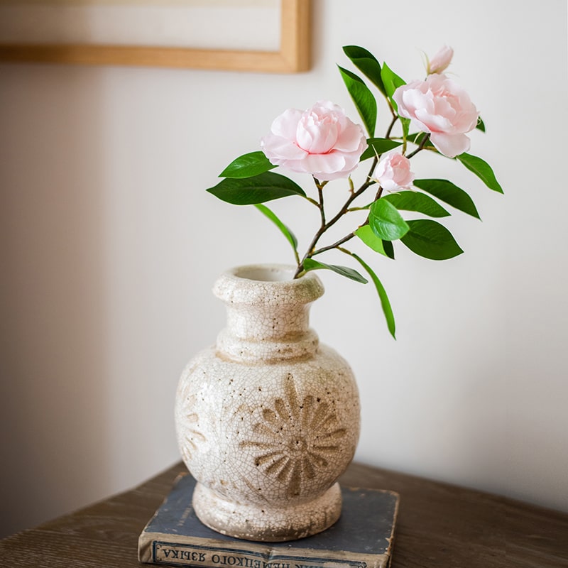 22-inch tall Faux Silk Gardenia Flower Stem with pink and white blooms and green leaves, perfect for home decor.