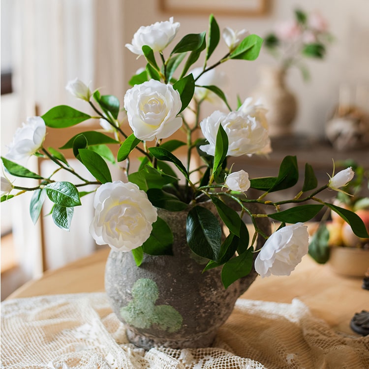 22-inch tall Faux Silk Gardenia Flower Stem with pink and white blooms and green leaves, perfect for home decor.