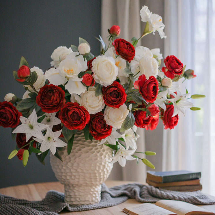 A 27.5-inch tall faux silk peony stem featuring two vibrant blooms and one bud, available in champagne, pink, red, and white colors.