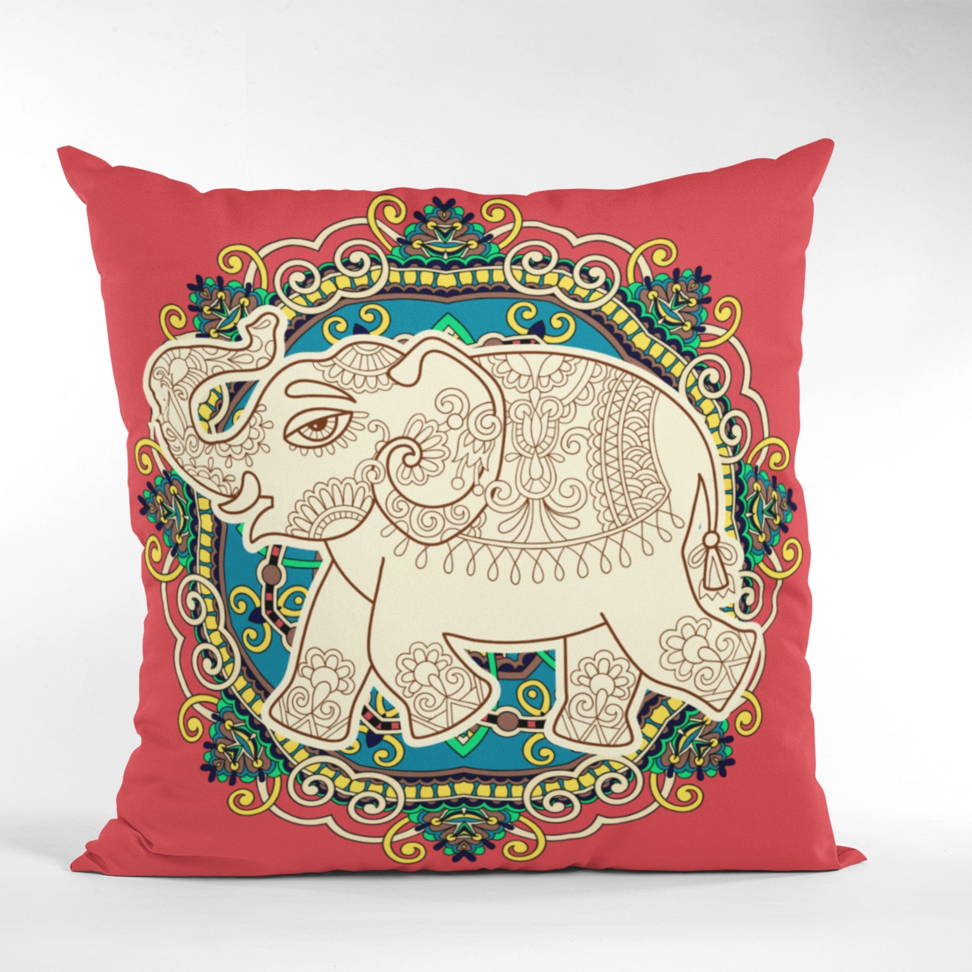 Feng Shui Elephant Symbol Throw Pillow with intricate design, featuring a light cream back, suitable for indoor and outdoor use.