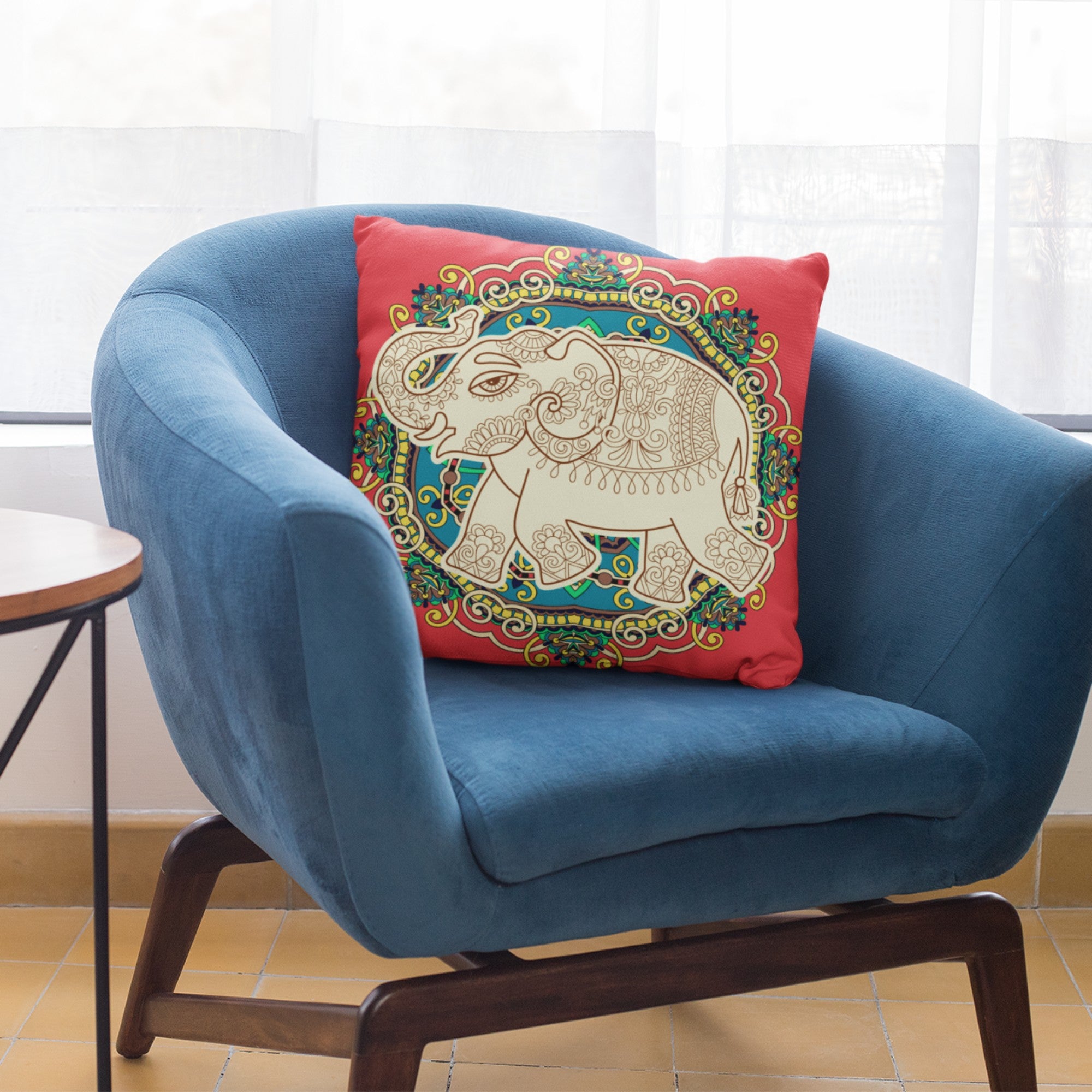 Feng Shui Elephant Symbol Throw Pillow with intricate design, featuring a light cream back, suitable for indoor and outdoor use.