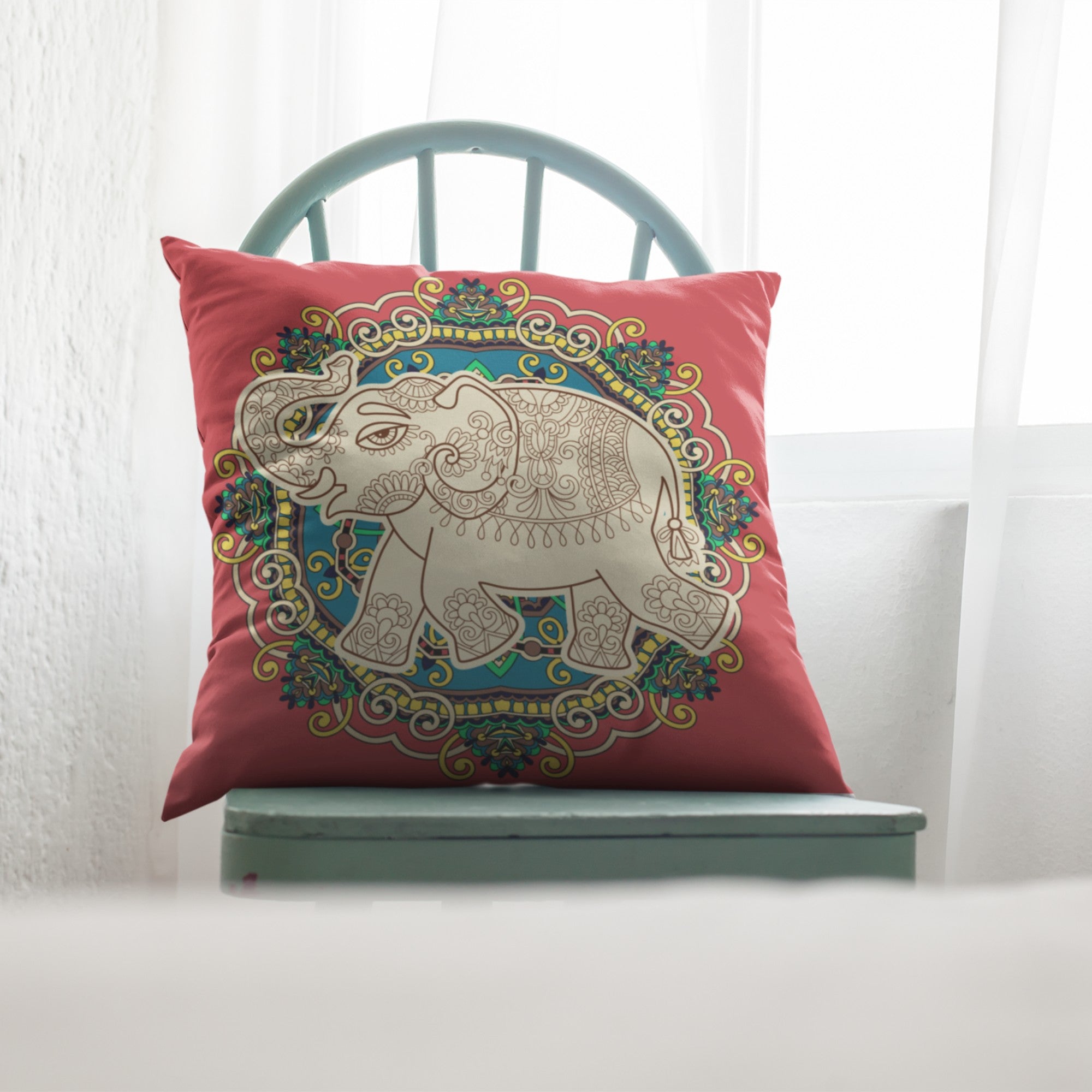 Feng Shui Elephant Symbol Throw Pillow with intricate design, featuring a light cream back, suitable for indoor and outdoor use.