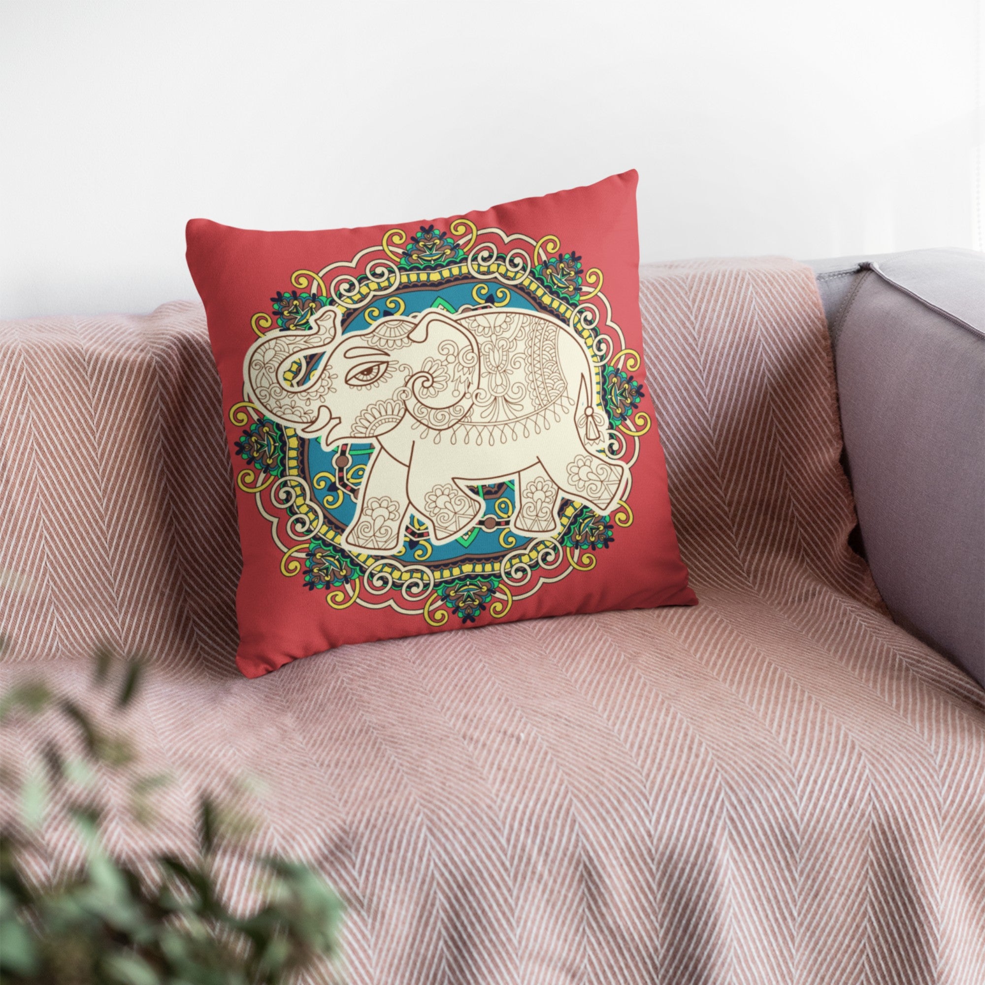 Feng Shui Elephant Symbol Throw Pillow with intricate design, featuring a light cream back, suitable for indoor and outdoor use.