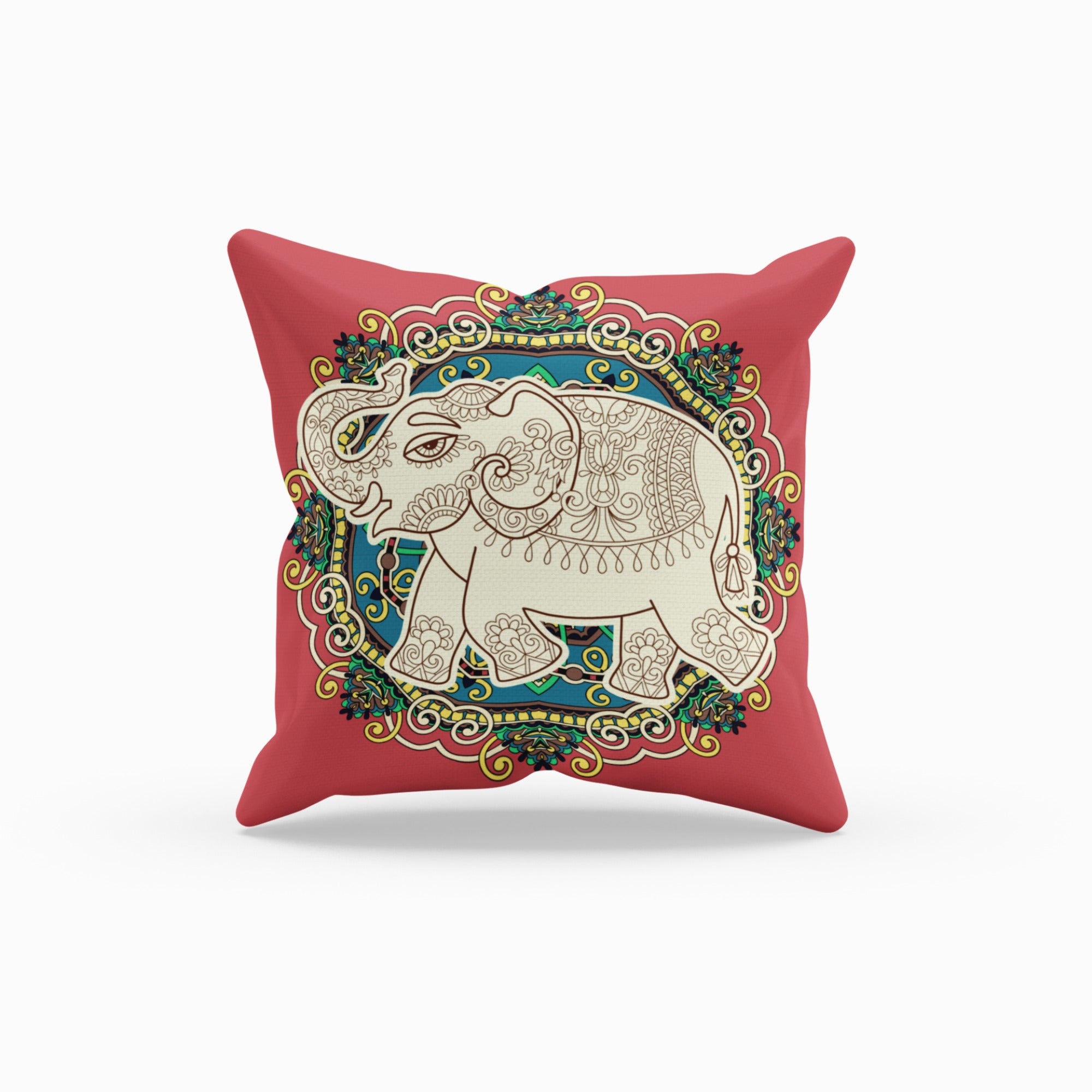 Feng Shui Elephant Symbol Throw Pillow with intricate design, featuring a light cream back, suitable for indoor and outdoor use.