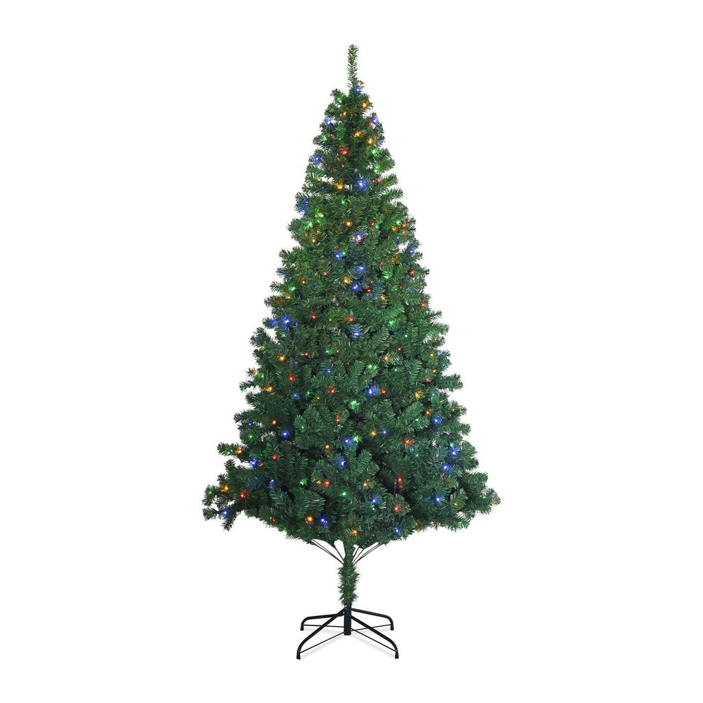 Festiss 2.4m Christmas Tree with 4 Colour LED lights, showcasing lush green foliage and vibrant decorations.