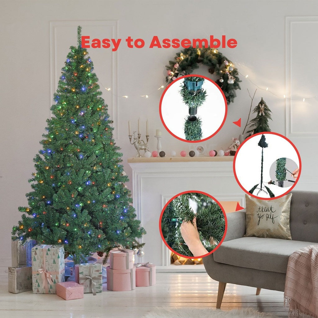 Festiss 2.4m Christmas Tree with 4 Colour LED lights, showcasing lush green foliage and vibrant decorations.