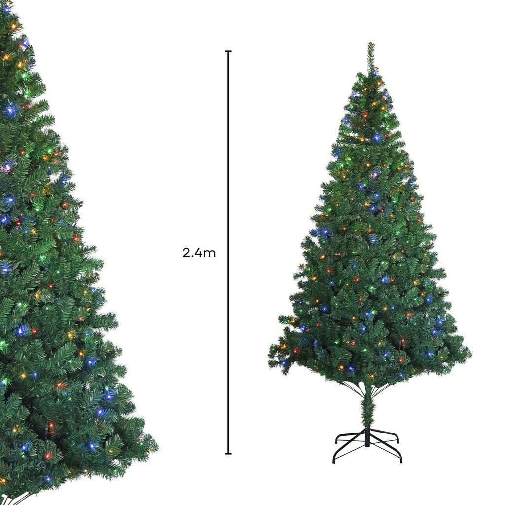 Festiss 2.4m Christmas Tree with 4 Colour LED lights, showcasing lush green foliage and vibrant decorations.