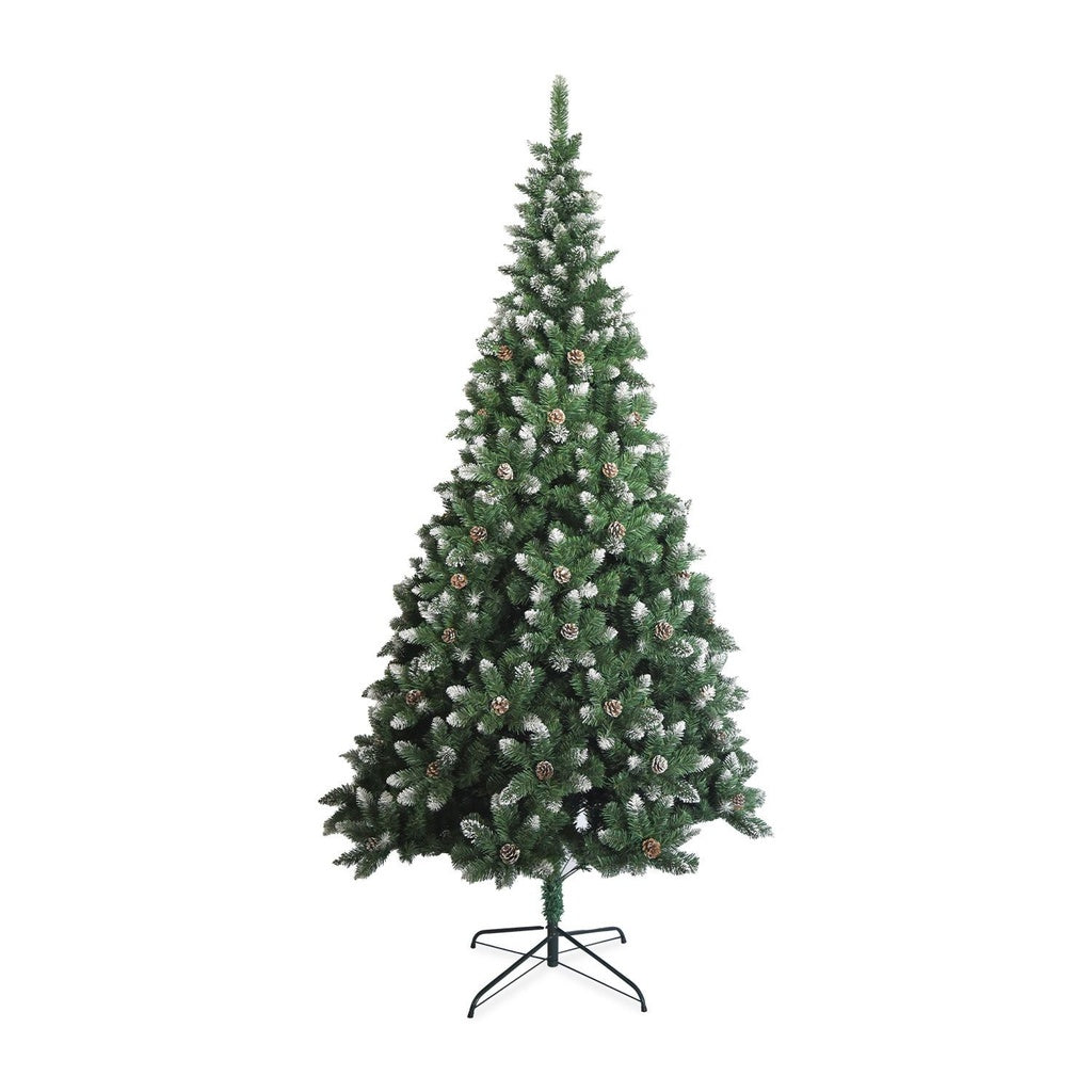 Festiss 2.4m Christmas Tree with realistic snow-sprayed tips and pine cones, showcasing its lush foliage and sturdy metal base.