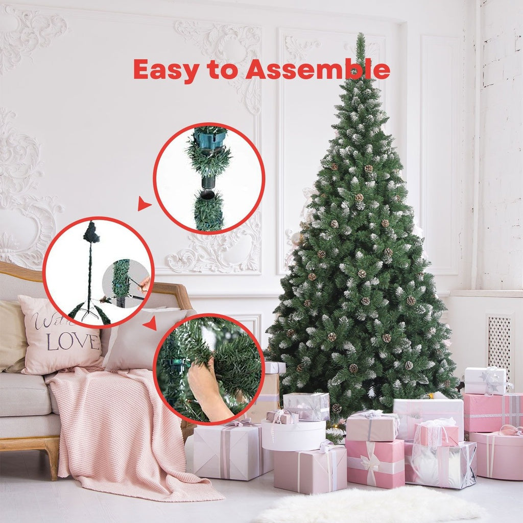 Festiss 2.4m Christmas Tree with realistic snow-sprayed tips and pine cones, showcasing its lush foliage and sturdy metal base.