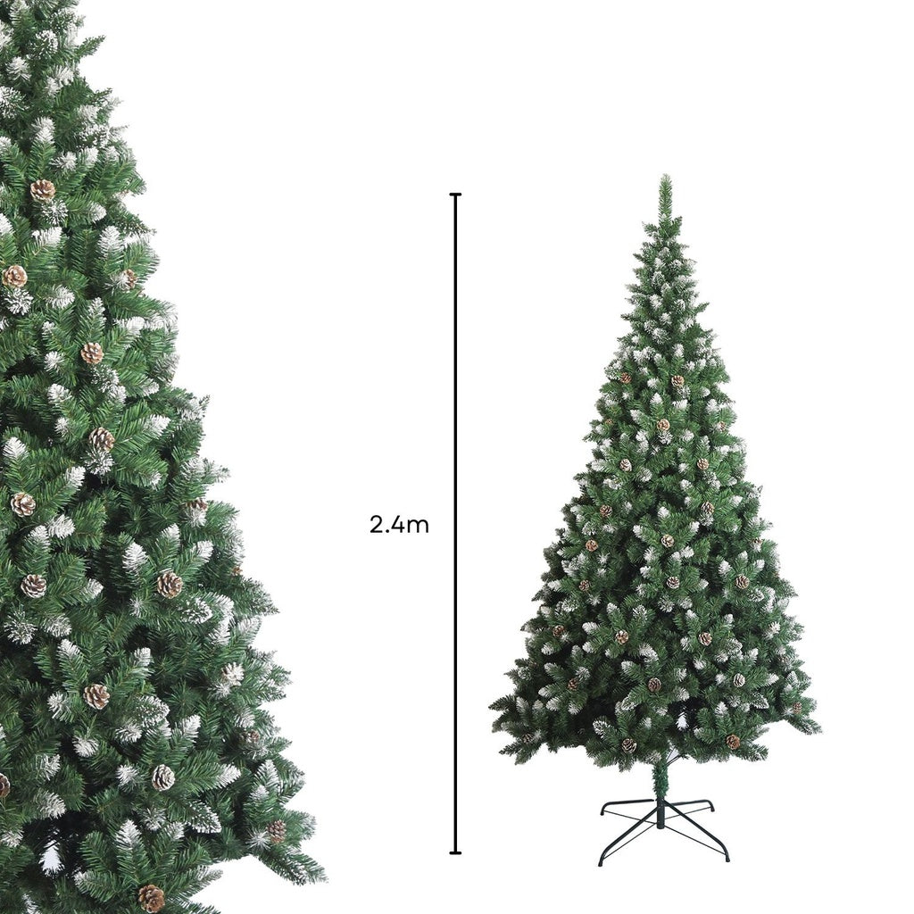 Festiss 2.4m Christmas Tree with realistic snow-sprayed tips and pine cones, showcasing its lush foliage and sturdy metal base.