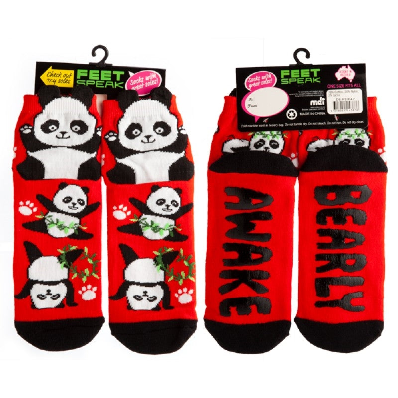 Vibrant red socks featuring pandas and bamboo design with anti-slip message on the bottom.