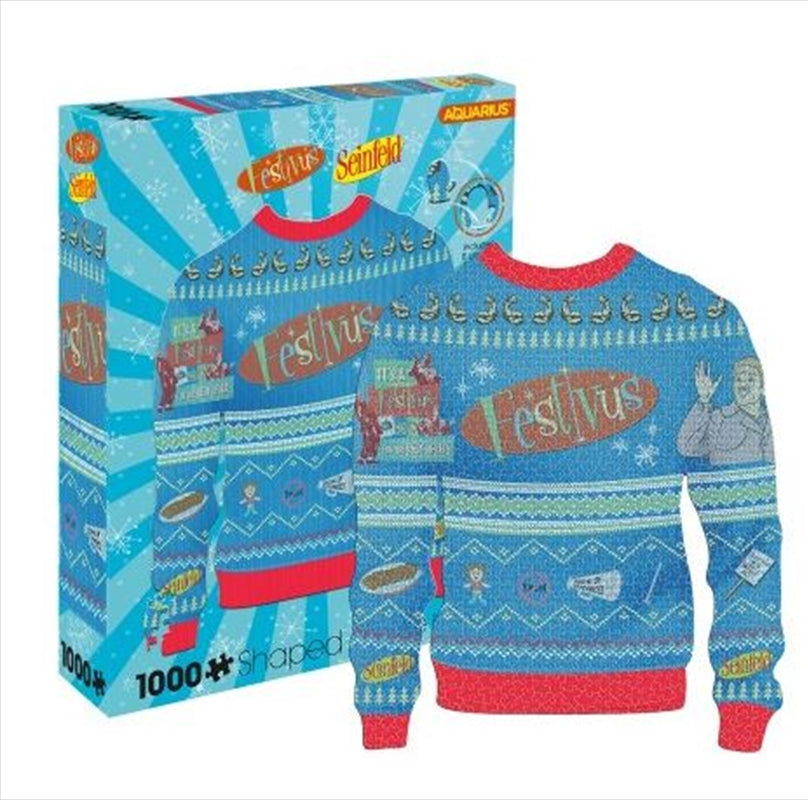 Festivus Ugly Sweater Shaped Puzzle featuring colorful and festive design with 1000 pieces, perfect for holiday gatherings.