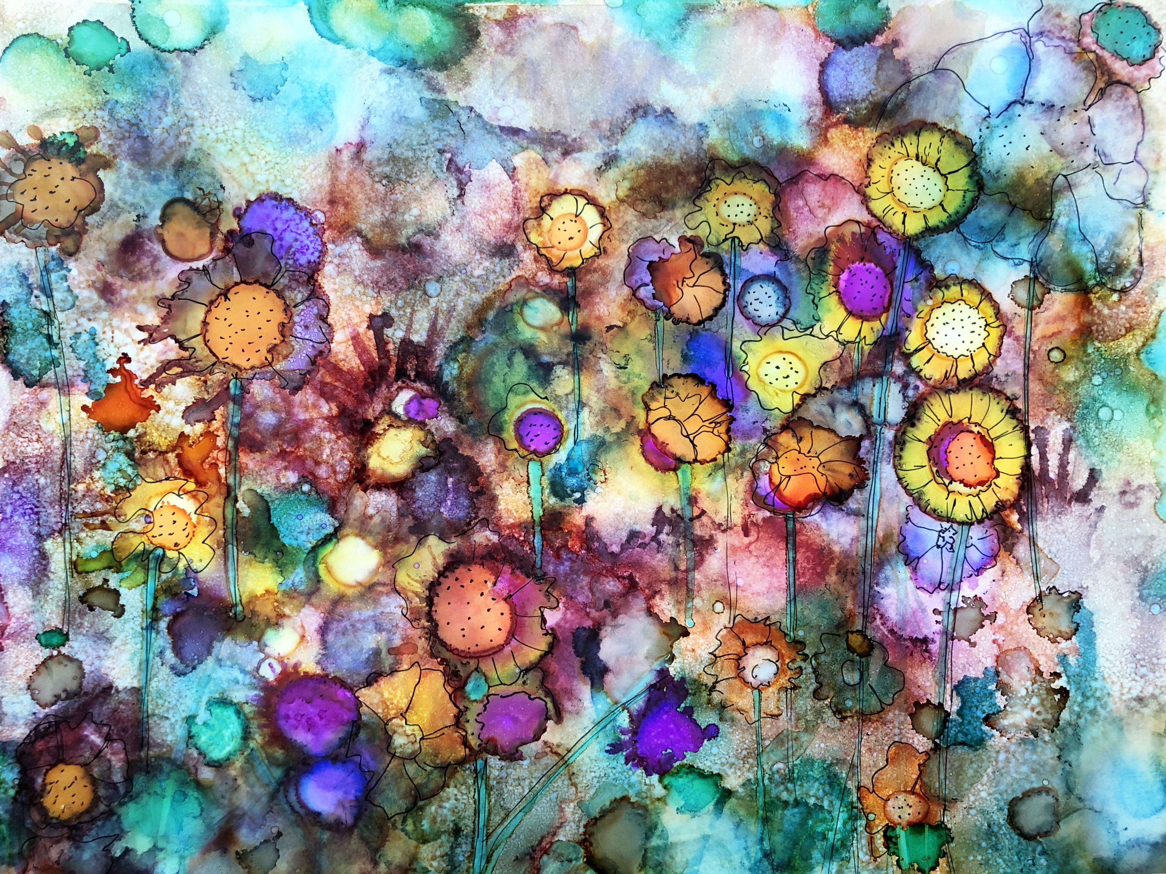 A vibrant abstract painting of flowers with intricate details and soothing colors on a watercolor-like background.