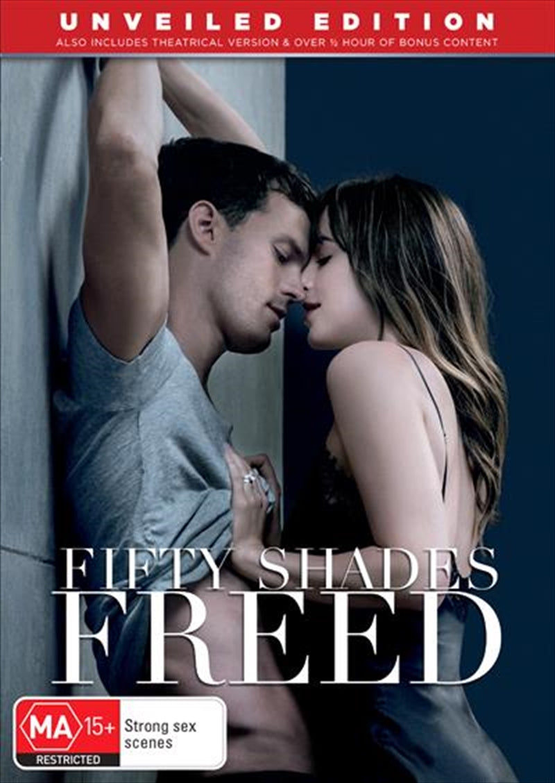 Fifty Shades Freed Unveiled Edition DVD cover featuring Christian and Ana in a romantic pose.