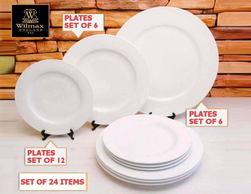 Fine Dining 24 Piece Professional Entertaining Set featuring elegant snow-white porcelain plates for bread, dessert, and dinner.