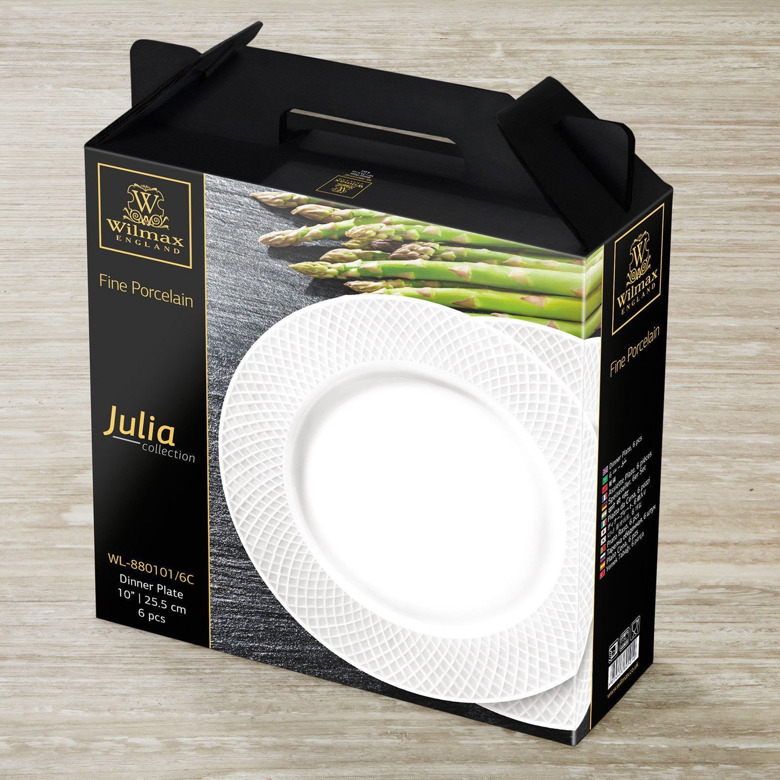 Fine Julia Porcelain 24 Piece Dinnerware Set for 6 featuring elegant herringbone design, including plates and stainless steel flatware.