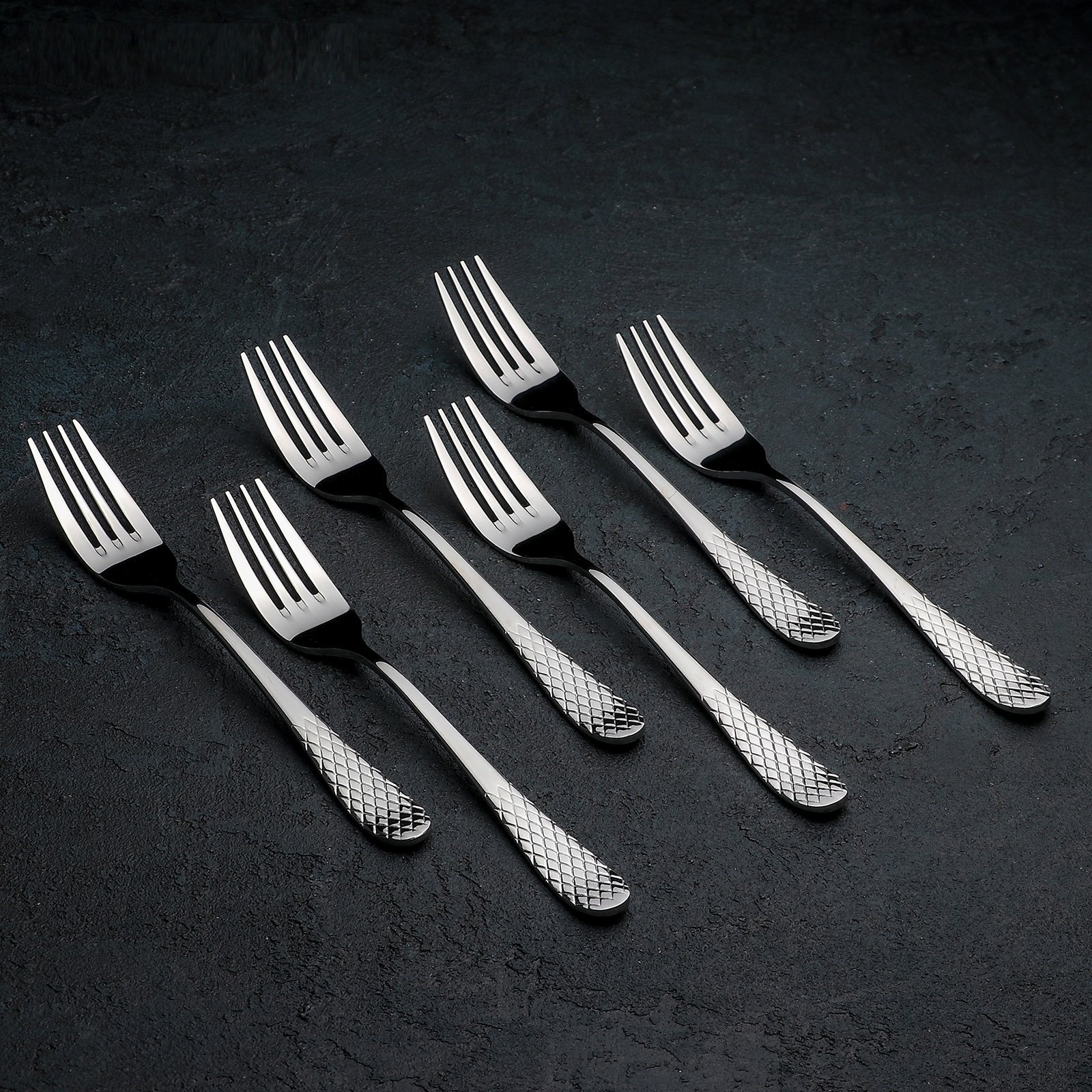 Fine Julia Porcelain 24 Piece Dinnerware Set for 6 featuring elegant herringbone design, including plates and stainless steel flatware.