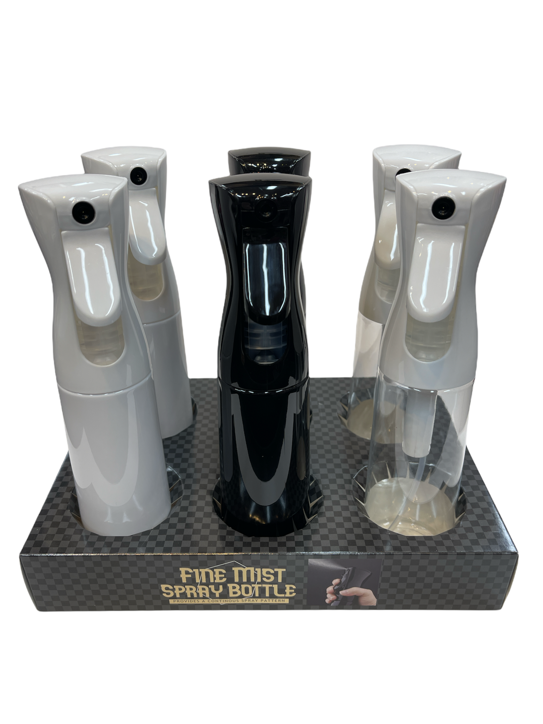 Set of 6 Fine Mist Spray Bottles in black, clear, and white with ergonomic design and glossy finish.