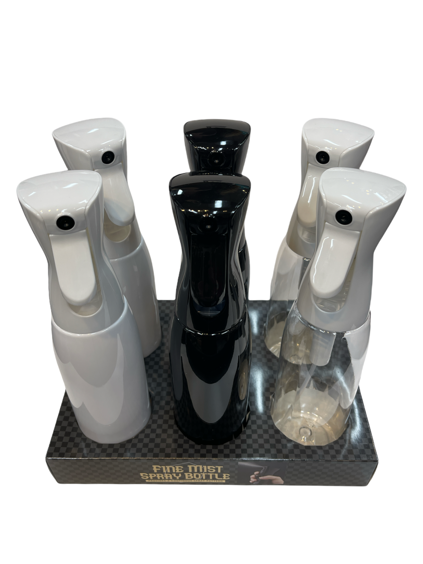 Set of 6 Fine Mist Spray Bottles in black, clear, and white with ergonomic design and glossy finish.