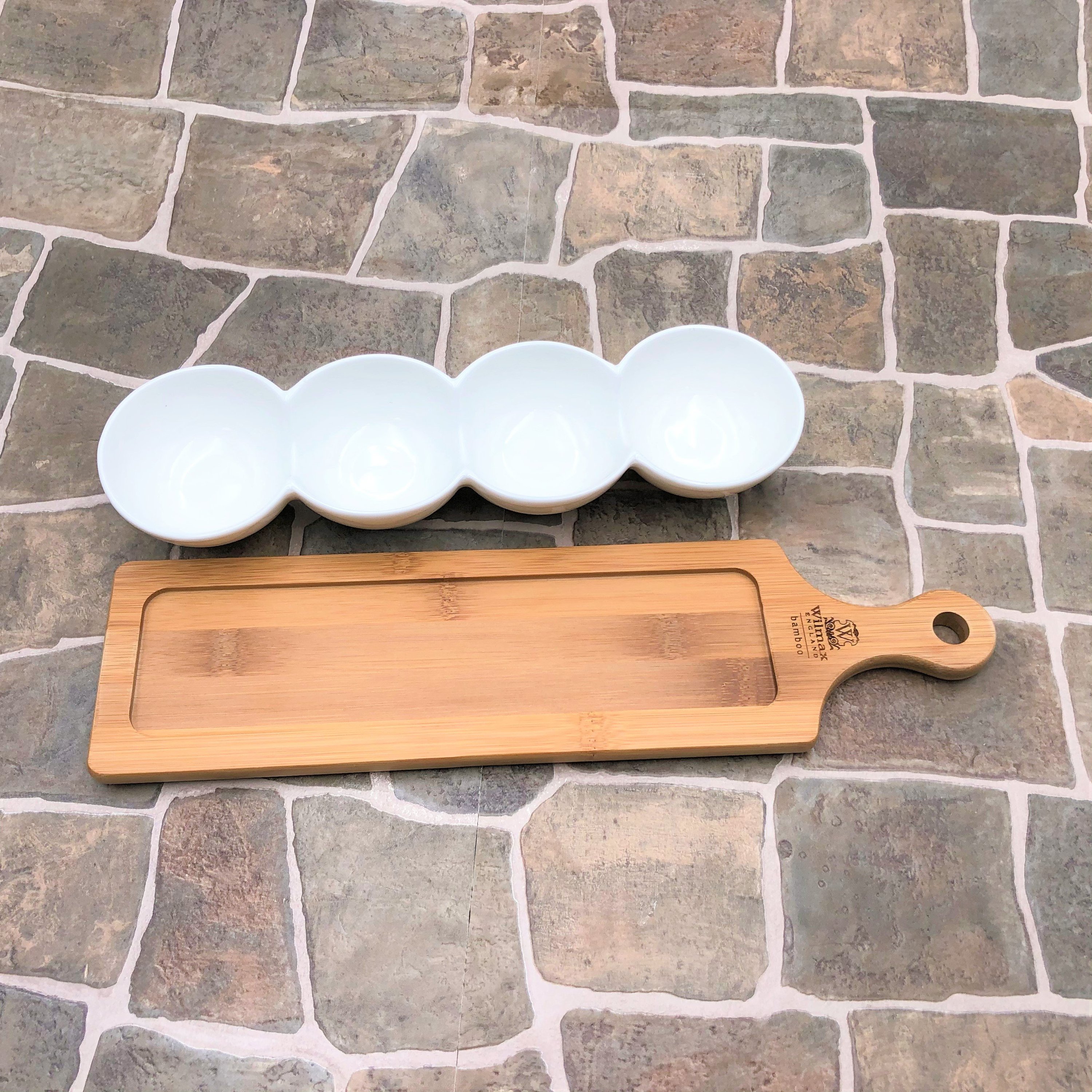 Fine Porcelain Centipede 4 Section Dish with Bamboo Serving Tray, showcasing elegant design and functionality for serving snacks and appetizers.