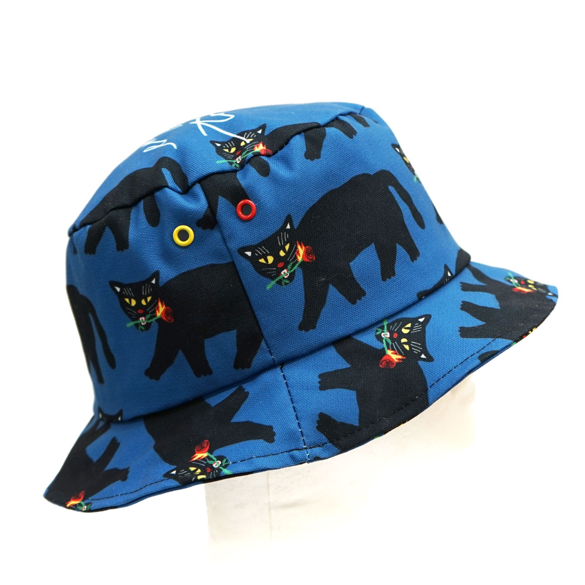 Fire Black Panther Bucket Hat featuring a black panther and red rose design on a cotton canvas material.