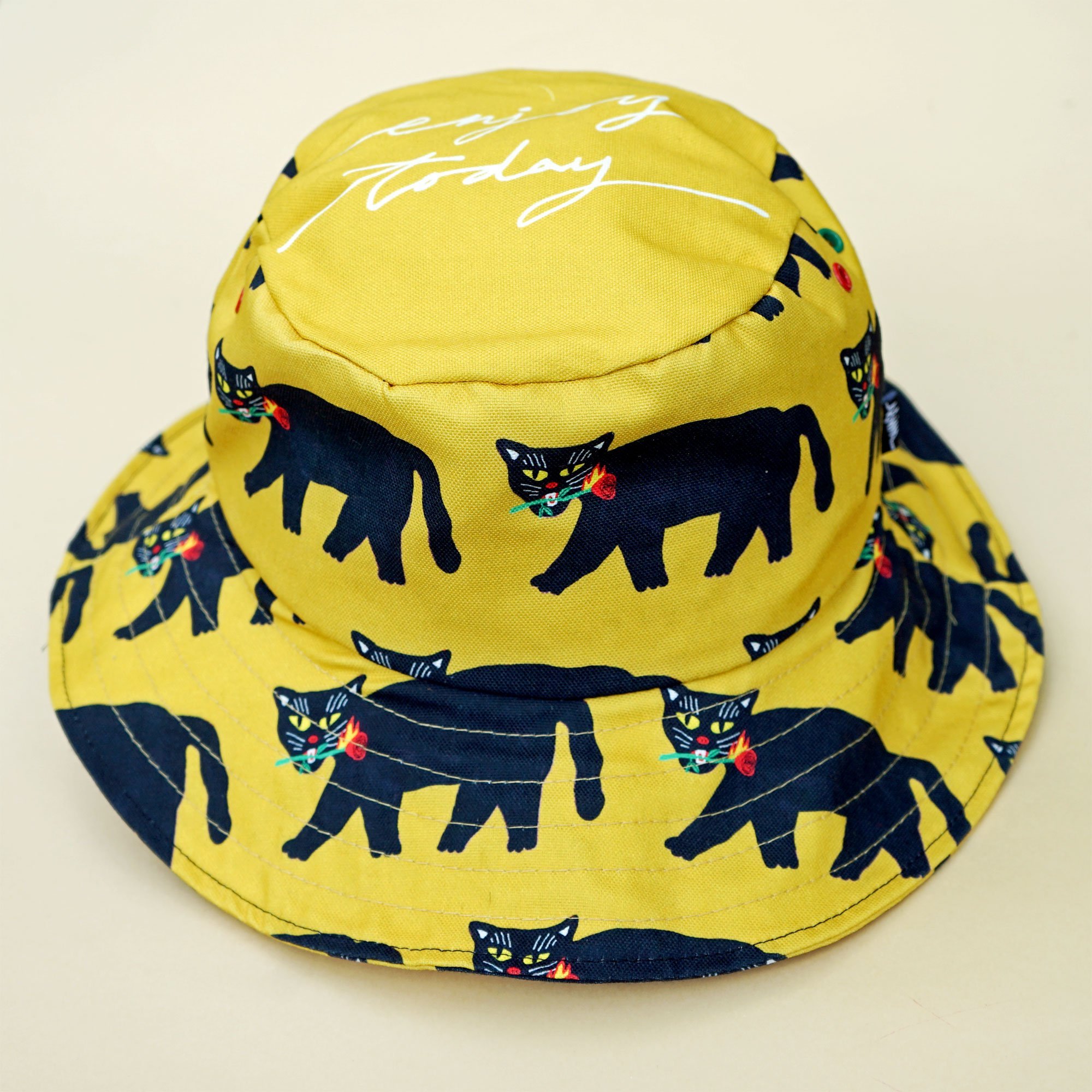 Fire Panther Yellow Wide Bucket Hat made of cotton canvas, featuring a vibrant yellow color and panther design, perfect for sun protection.