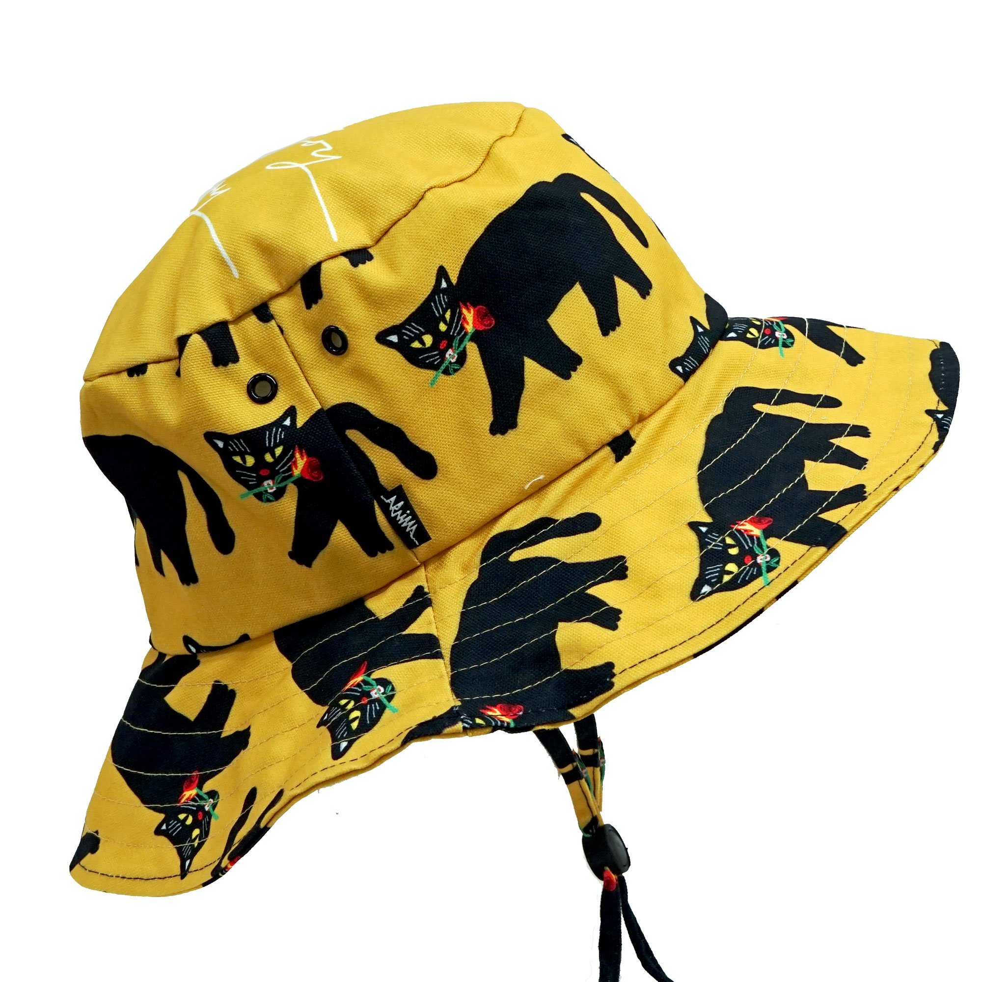 Fire Panther Yellow Wide Bucket Hat made of cotton canvas, featuring a vibrant yellow color and panther design, perfect for sun protection.